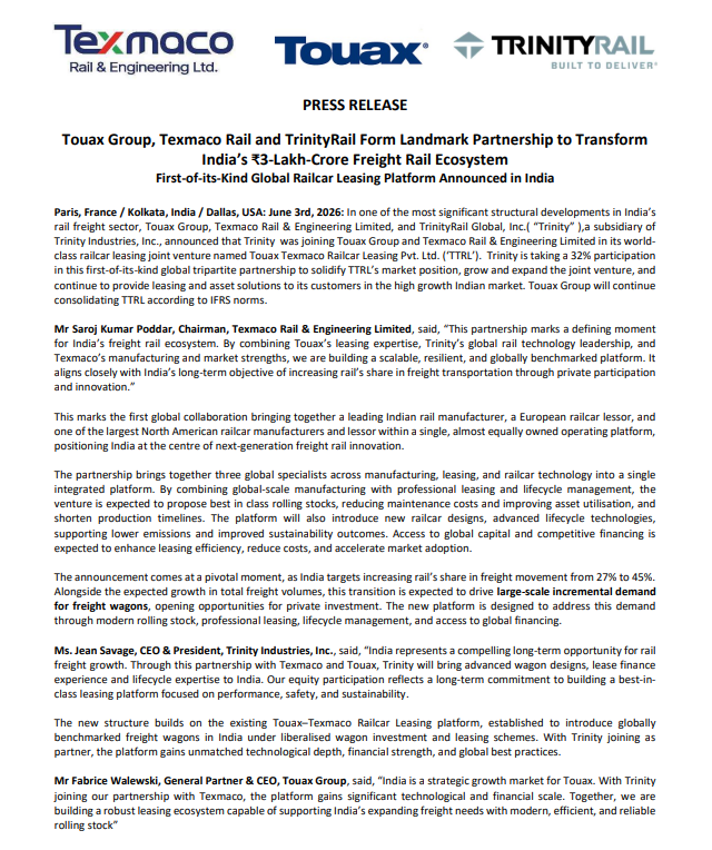 vluxeinvests's tweet photo. 🚆 Texmaco Rail partners with Touax and TrinityRail for ₹3 Lakh Cr freight rail opportunity
👉🏻 Partnership: Texmaco Rail, Touax Group and TrinityRail
👉🏻 Structure: Global railcar leasing platform in India
👉🏻 Trinity Stake: 32% in Touax Texmaco Railcar Leasing
👉🏻 Focus: Railcar leasing, lifecycle management and financing
👉🏻 Opportunity: Targeting India's ₹3 Lakh Cr freight rail ecosystem
#TEXRAIL #Railways #RailFreight #Leasing #Infra