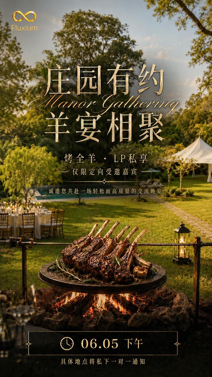 Levi__crypto's tweet photo. 庄园有约 | 羊宴相聚 Fluxium Fund 诚邀您共赴一场私享晚宴—— 
新加坡别墅庄园，
烤全羊 + LP高端交流。 
仅限定向受邀嘉宾 ⏰ 6月5日（周四）下午 具体地点将私信一对一通知 感兴趣的朋友私聊呀～ https://t.co/fG3f0WNz6M