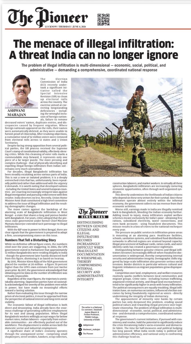 ashwani_mahajan's tweet photo. The menace of illegal infiltration:
A threat India can no longer ignore
...
The problem of illegal infiltration is multidimensional — economic, social, political, and administrative - demanding a comprehensive, coordinated national response https://t.co/w9RUSULqS3