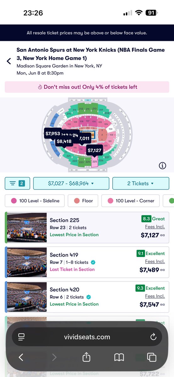 SuperSpeshX's tweet photo. The cheapest seat for game 2 of the NBA Finals is $840 in San Antonio

The cheapest seat for game 3 in New York is $7,127

It’s literally cheaper to fly to Texas, go to the game, and stay there for three months

Just doesn’t sit right with me man https://t.co/kRe5b4jS6L