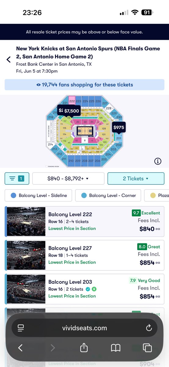 SuperSpeshX's tweet photo. The cheapest seat for game 2 of the NBA Finals is $840 in San Antonio

The cheapest seat for game 3 in New York is $7,127

It’s literally cheaper to fly to Texas, go to the game, and stay there for three months

Just doesn’t sit right with me man https://t.co/kRe5b4jS6L