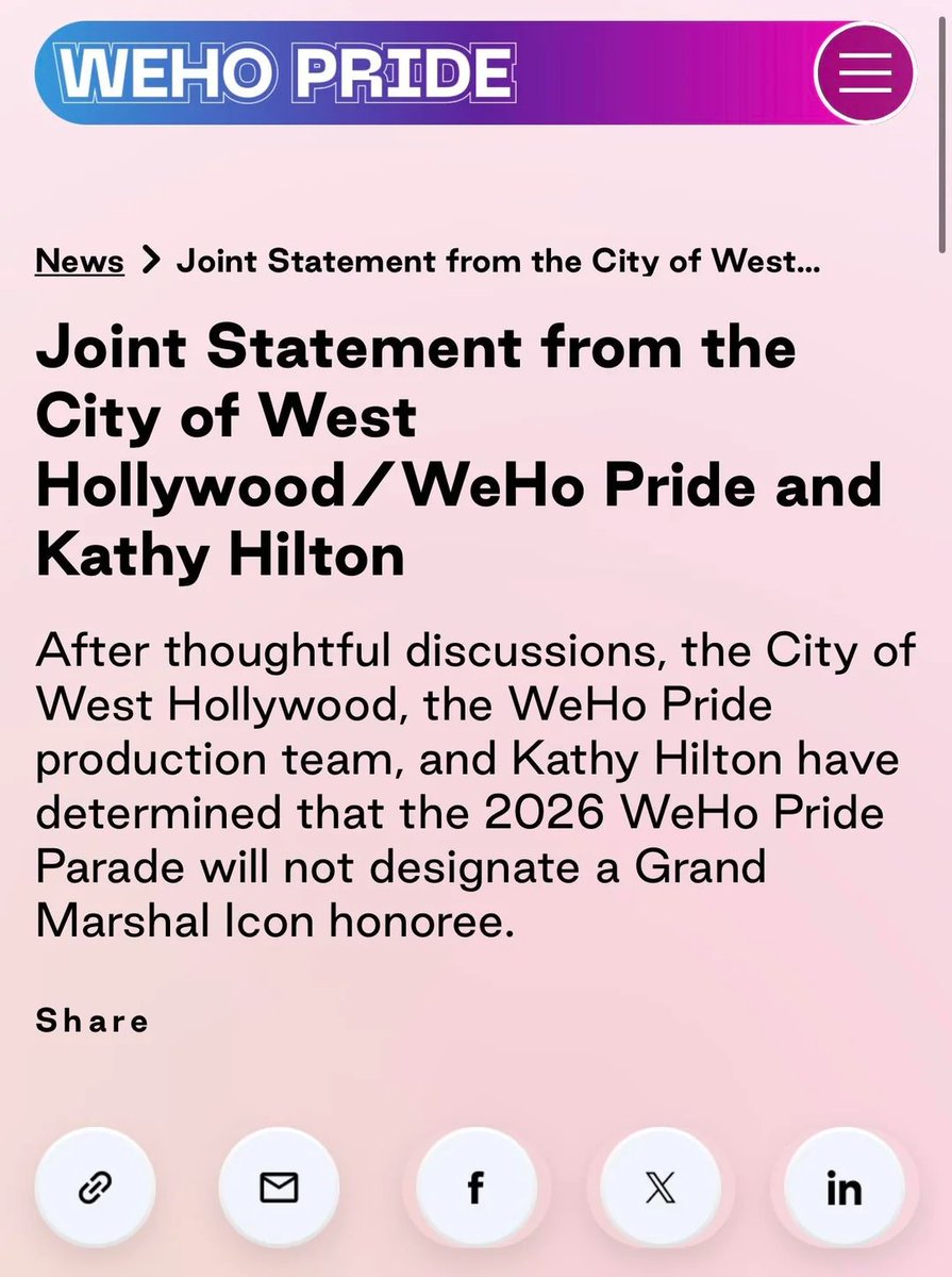 suttonsroller's tweet photo. Kathy Hilton pulled as 2026 WeHo Pride Parade Grand Marshal Icon Honoree after community uproar. #RHOBH https://t.co/juC454tXiI