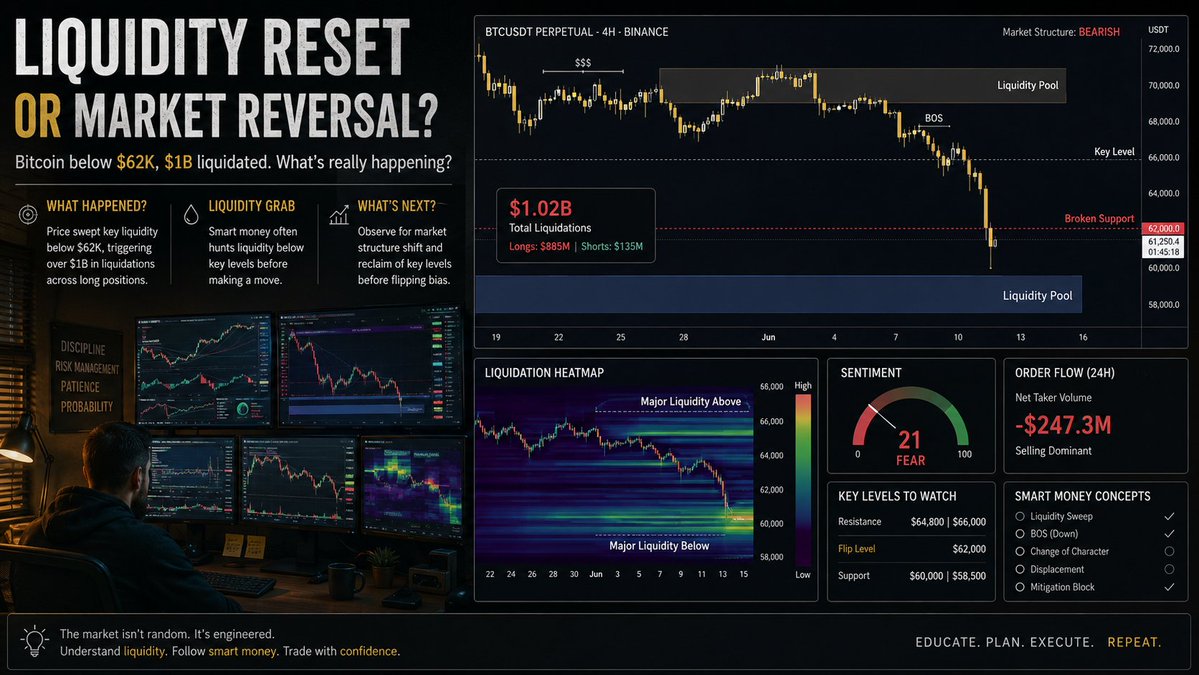 itz_capteen's tweet photo. 🧵 1/9 Bitcoin fell below $62K.

More than $1B in leveraged positions were liquidated.

Many traders see a crash.

Smart money sees a liquidity event. https://t.co/tttyEgFFTU