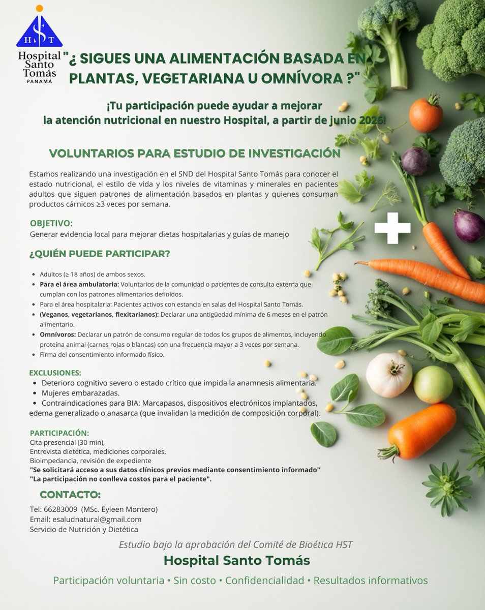 HSantoTomasPma's tweet photo. ¿Llevas una alimentación basada en plantas, vegetariana u omnívora? 🥑🥩 ¡Tu participación puede marcar la diferencia!
El Servicio de Nutrición y Dietética del HST te invita a un estudio de investigación.  Comunícate directamente con la MSc. Eyleen Montero al teléfono 6628-3009 https://t.co/Edb5vypFy5