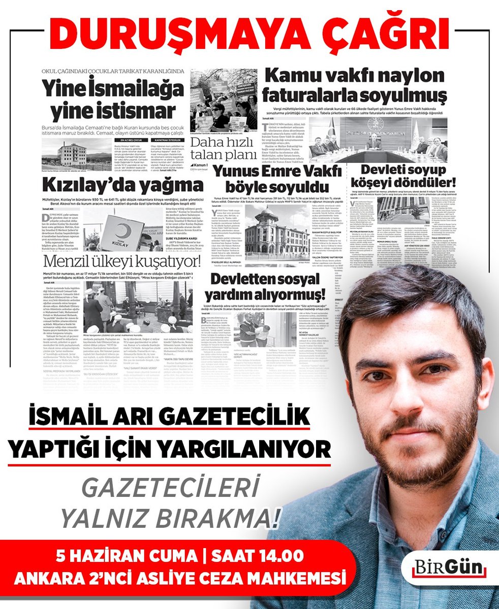 BirGun_Gazetesi's tweet photo. BirGün muhabiri İsmail Arı 74 gündür tutuklu

5 Haziran’da ilk kez hâkim karşısına çıkacak

İsmail Arı gazetecilik yaptığı için yargılanıyor

Gazetecileri yalnız bırakma!
https://t.co/1MX5sjxymD https://t.co/zbDY0ilwhX
