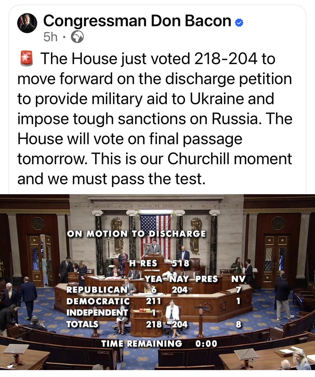 JeffFisch's tweet photo. STEP ONE!  Success!
The House vote to bring the Ukr aid bill to the floor passed!  218-208.  

The next vote will be for the actual aid!   Slava Ukraini! https://t.co/v4I9iXiI68