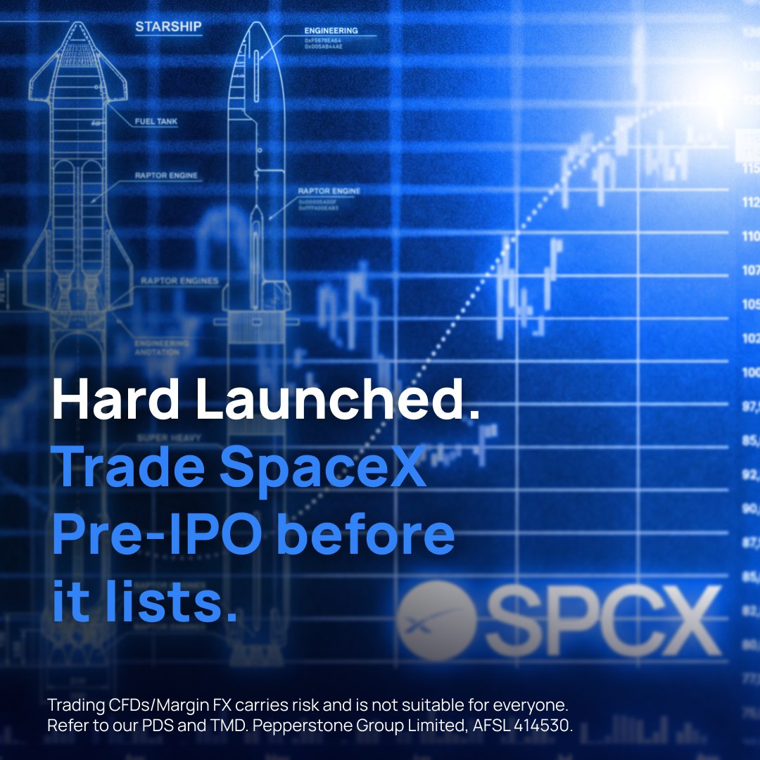 PepperstoneFX's tweet photo. 🎉Hard Launched. Trade the SpaceX IPO before it lists.

The SpaceX Pre-IPO CFD (SPCX.US-PERP) is now live on Pepperstone. Get positioned 24/7 before the expected NASDAQ listing hits.

Available on cTrader, MT5, TradingView & the Pepperstone platform.

More details 👉 https://t.co/y7UWrQO3Xu

#Pepperstone #WhereBetterTrades #SpaceX #PreIPO