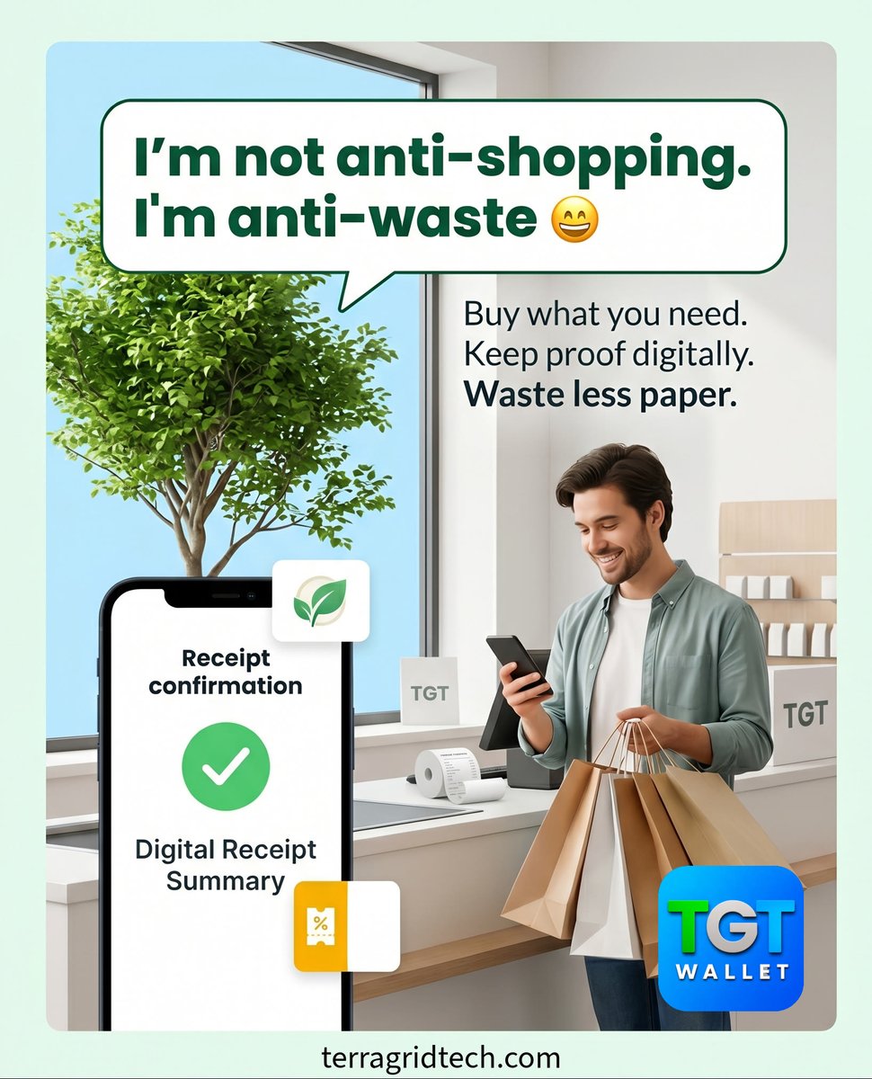 TerraGrid_TECH's tweet photo. I’m not anti-shopping. I’m anti-waste. 😄

Buy what you need.
Enjoy your shopping.
Keep your proof.

Shopping can be smart.
Receipts can be smarter.

#TGT #SmartShopping #DigitalReceipts #SavePaper #SaveTrees #EcoRewards #PaperlessLiving #SustainableShopping #GreenHabits https://t.co/49UzYAnFrP