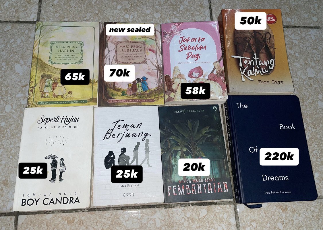 acesafy's tweet photo. wanto to sale (wts) buku/novel preloved

> Seperti hujan yang jatuh ke bumi
> Tentang kamu
> The book of dreams
> Teman berjuang
> Misteri rumah bekas pembantaian
> Mari pergi lebih jauh
> Kita pergi hari ini
> Jakarta sebelum pagi https://t.co/VFNAb0MBvd