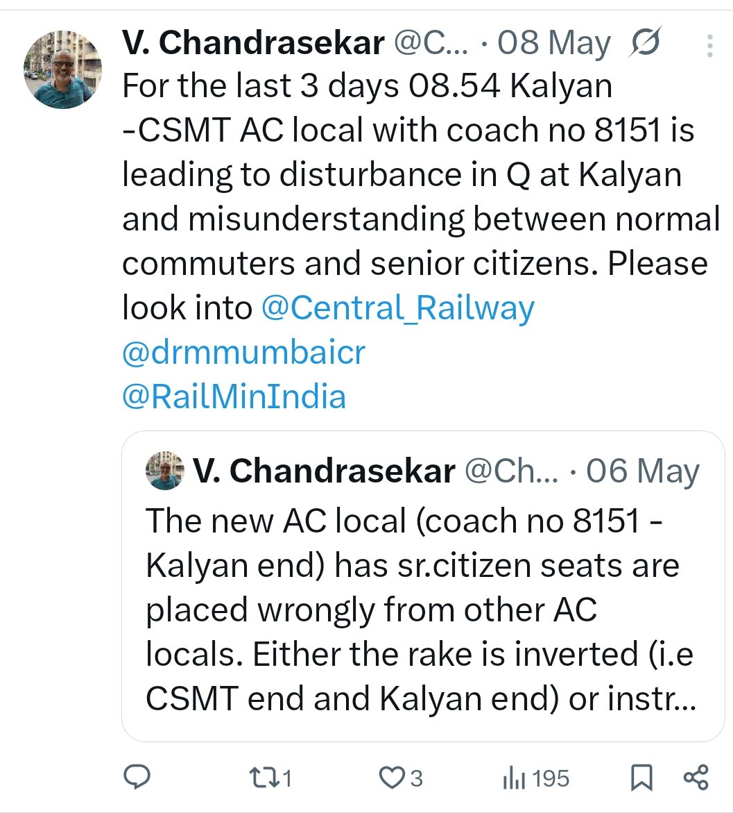 ChandarRly's tweet photo. Thank you for the corrective action. 🙏 @Central_Railway @RailMinIndia @drmmumbaicr https://t.co/3WzgPDLtTJ