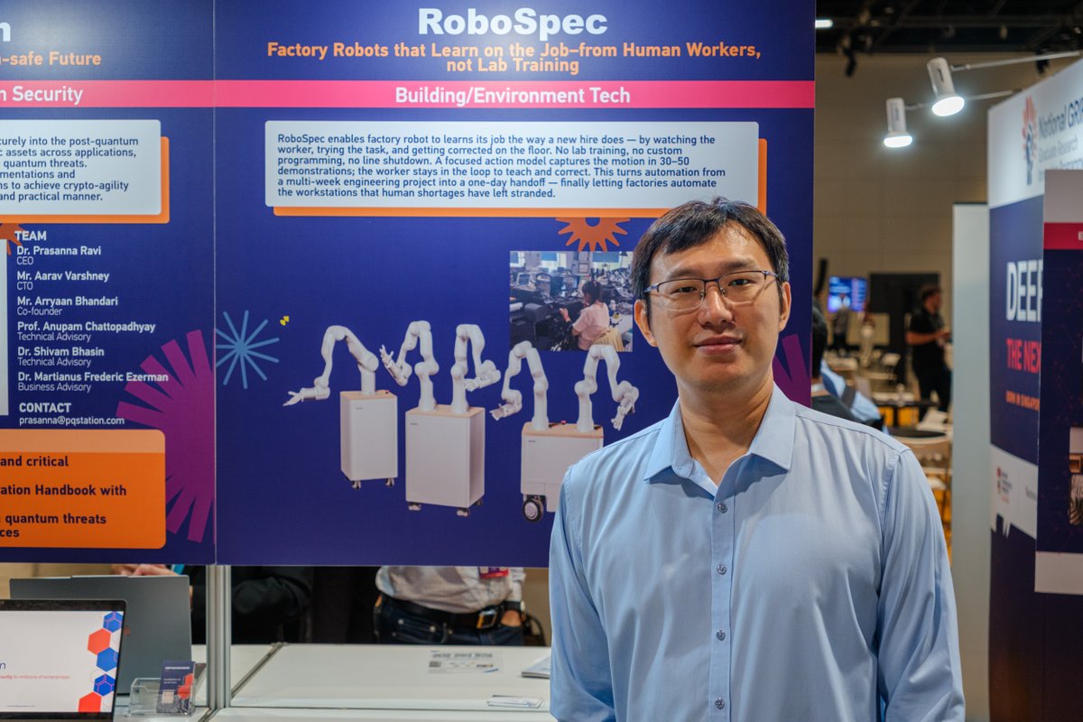 NTUsg's tweet photo. From recycling old solar panels into raw materials for greener batteries to helping factory robots learn directly from human workers to solve manpower shortages, #NTUsg start-ups including Neusla and RoboSpec are taking their deep-tech ideas closer to market at this year's Echelon Singapore, Asia's premier event for #startups. They are among 30 National GRIP (Graduate Research Innovation Programme) teams showcasing their innovations to investors and industry partners.

#NTUsgInnovation #DeepTech #Robotics #EchelonSG #EchelonSG2026 @ntuitiventusg