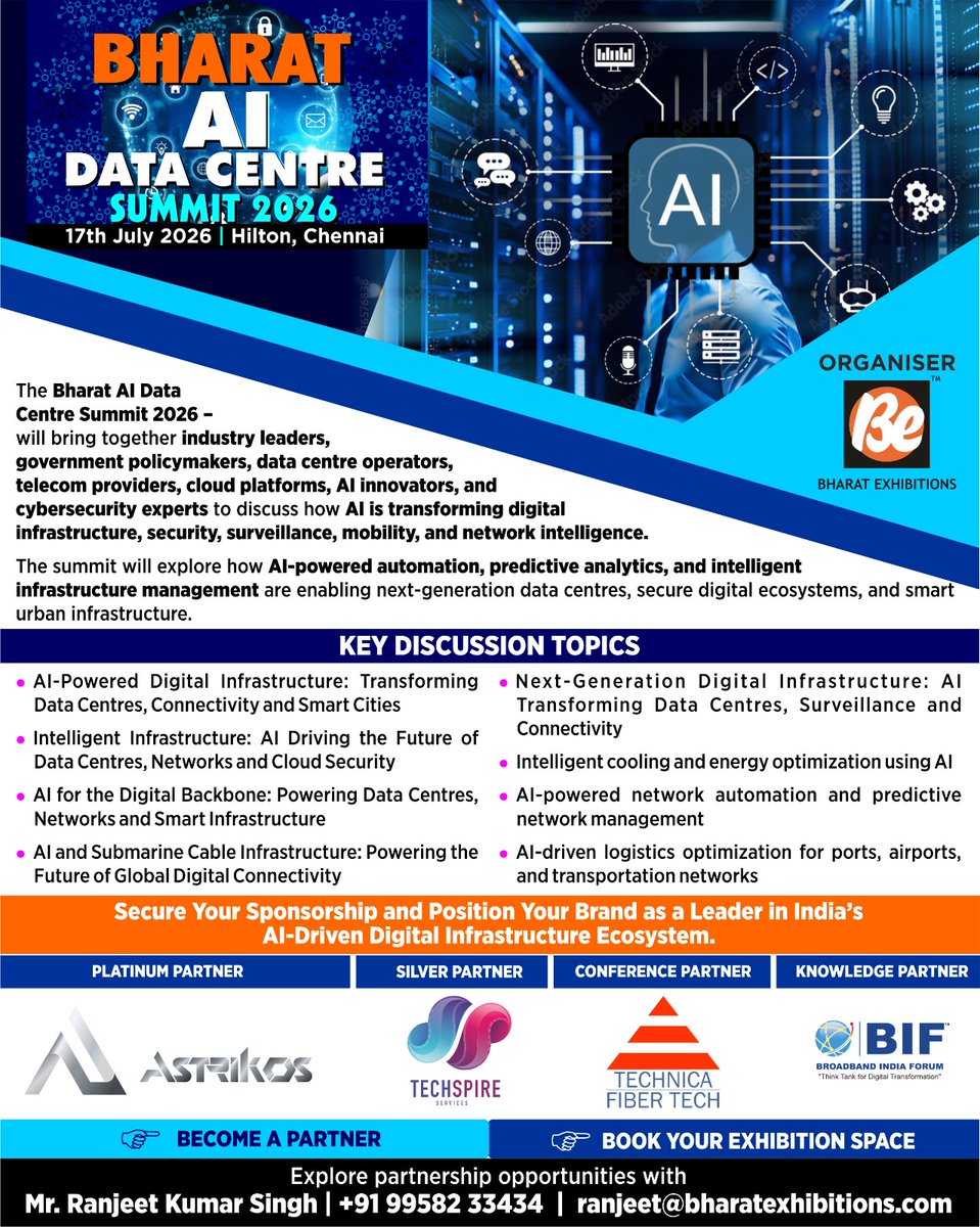 be_exhibitions's tweet photo. 🚀 AI + Data Centres = Future Ready India 🇮🇳
Don’t miss the #BharatAIDataCentreSummit2026
📅 17 July | 📍 Chennai
⚡ Innovation | 🤖 Automation | 🌐 Connectivity
Be there!
#BharatAI #DigitalTransformation #FutureInfrastructure https://t.co/2NnThA8vNy