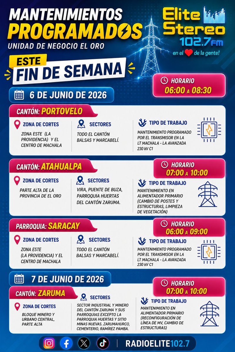 RadioElite1027's tweet photo. 🔴 #ATENCION #ELORO

No te olvides que este final de semana hay apagones de energía eléctrica programados.

Revisa los horarios aquí 👇 https://t.co/S8TFOr04gJ