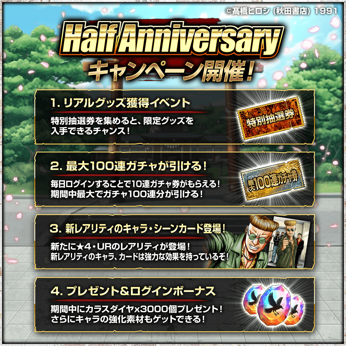 cxw_toc's tweet photo. 🔥6月1日から『HalfAnniversaryキャンペーン』がド派手に開催中だ！🔥

早ぇもんで、リリースからもうすぐ半年が経つんだな。
テメーらが毎日熱く応援してくれたおかげだ。
本当にありがとな！

その感謝の印として、とんでもねーお宝を用意したぞ。
期間中にログインした奴全員に、『カラスダイヤ×3000』をプレゼントだ！
これだけありゃ、最高のお祝いになるじゃねーか！

さらに、最大100連ガチャやリアルグッズが当たるチャンスまであるってよ。
まさに半年に一度のデケェ祭りだ！
乗り遅れるんじゃねーぞ！👊

DLはこちら👇
https://t.co/L3iVobRXAn
