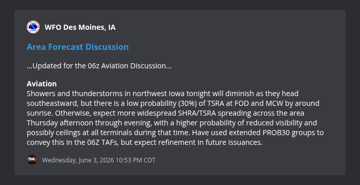 IowaWXNetwork's tweet photo. Area Forecast Discussion from WFO Des Moines, IA @ 6/3/2026 10:53 PM https://t.co/xDTzFv5UFc #iawx https://t.co/ew26yeE2yQ