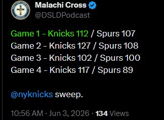 DSLDPodcast's tweet photo. @nyknicks @KnicksMuse @sny_knicks 

Game 1 - Knicks 105 / Spurs 95

1-0

#Knicks #NYK #NBAFinals #NBA https://t.co/wJIwPPNL47