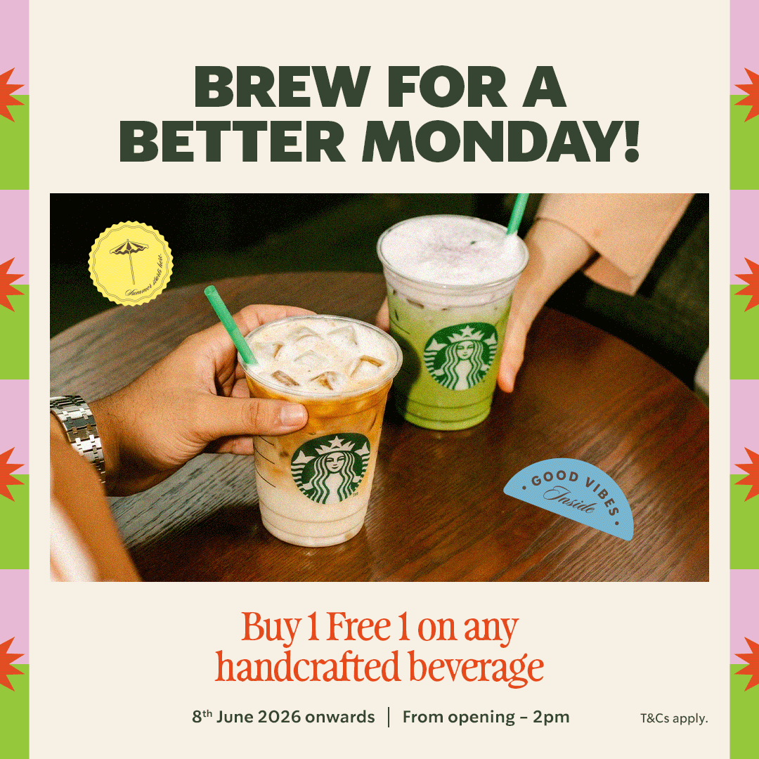 StarbucksMY's tweet photo. Dah halfway through 2026, but the treats just keep coming! 😝

We’ve got Buy 1 Free 1 deals ☕️, Drive-Thru sticker promos 🚗, and more exciting goodies lined up for you this month. 😍 

Swipe to check them all out! 👉 

#SeeYouAtStarbucks #StarbucksMalaysia https://t.co/YJHpUFgLZA