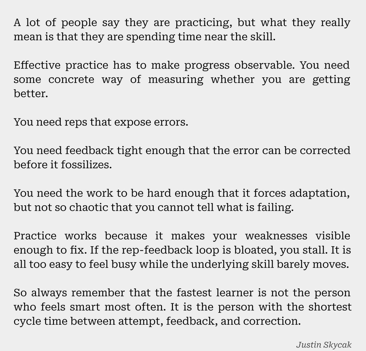 justinskycak's tweet photo. The fastest learner is the person with the shortest cycle time between attempt, feedback, and correction. https://t.co/9Nxew0wPgR