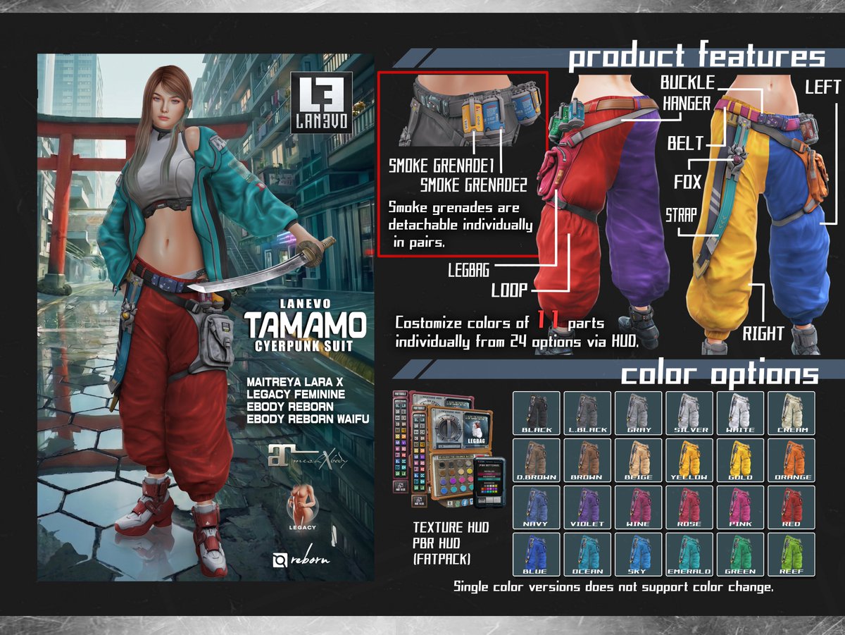 lanevo_SL's tweet photo. [LANEVO] Tamamo Pants 
・Metal/Fabric素材ごとに個別にPBR値変更可(Fatpack)
・２タイプのPBR値に切替可(Single)
・11箇所のパーツを24色から選んで変更可(Fatpack)
・パンツとスモークグレネード(2個1セットx2)を個別装着可(Single/Fatpack)
#SecondLife #VirtualFashion https://t.co/DGxt7StgeF
