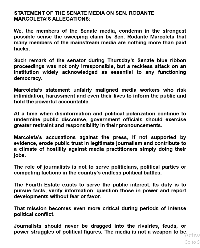 dzrhnews's tweet photo. BASAHIN: Senate media, kinondena ang pahayag ni Sen. Rodante Marcoleta na karamihan sa mga taga-media ay bayaran | RH 28 @RaymundDadpaas, DZRH News https://t.co/osaJKTJ1qi