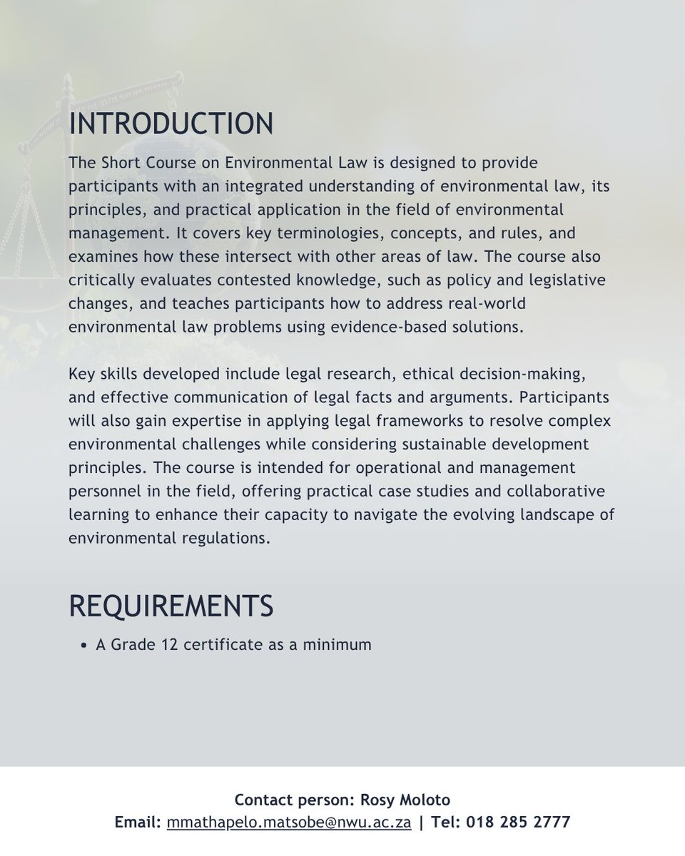 UCEcourses's tweet photo. The Short Course on Environmental Law is designed to provide participants with an integrated understanding of environmental law, its principles, and practical application in the field of environmental management.
Course starts 14 September 2026

Apply now: https://t.co/IQn8e6k2p3 https://t.co/QjXTolDViG