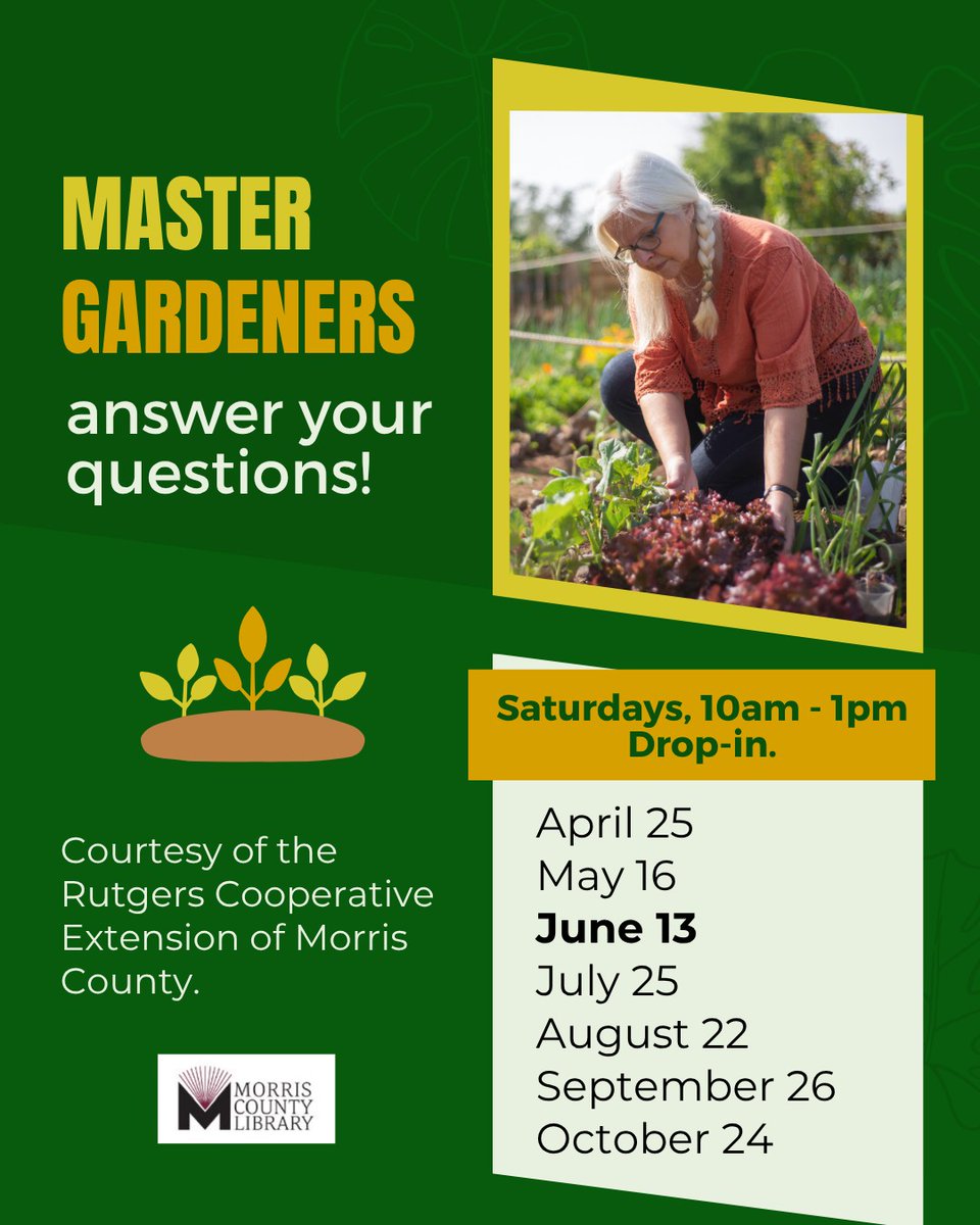 mclib's tweet photo. Calling all garden lovers! The Rutgers Master Gardeners of Morris County return Saturday, June 13, 10am–1pm. Bring your tough gardening questions to this drop-in session. Plus, don’t miss this month’s spotlight on heirlooms &amp; medicinals! 🌿 Let’s grow together! 
 
@MorrisCountyNJ https://t.co/Jd0IkcReL1
