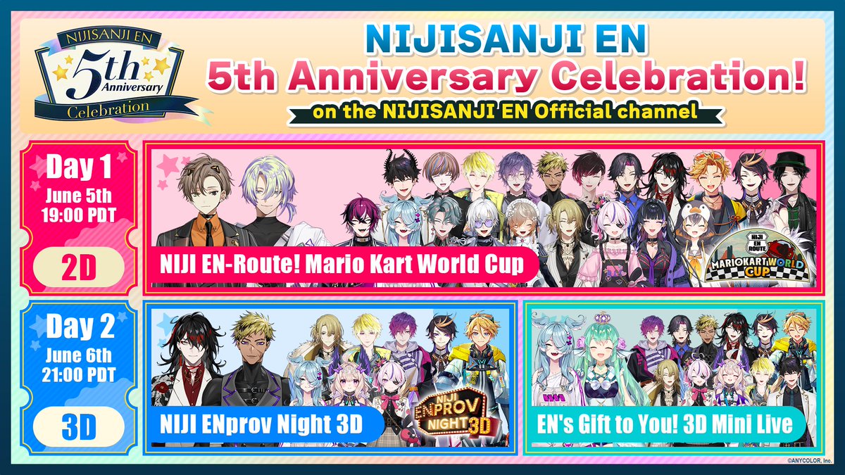 NIJISANJI_World's tweet photo. 【 🎊 The #NIJISANJI_EN 5th Anniversary Celebration! is this weekend 🎉】
Get ready to have a blast with our special two-day #NIJIEN5Anni event!

🏎️ NIJI EN-Route! Mario Kart World Cup
🔻 Waiting room: https://t.co/24Fay3PRQ5
⏰ Starts June 5th (Fri) 19:00 PDT

🎪 NIJI ENprov Night 3D & EN's Gift to You! 3D Mini Live
🔻 Waiting room: https://t.co/Si16mkL38k
⏰ Starts June 6th (Sat) 21:00 PDT

Let’s make this an unforgettable anniversary weekend! ✨