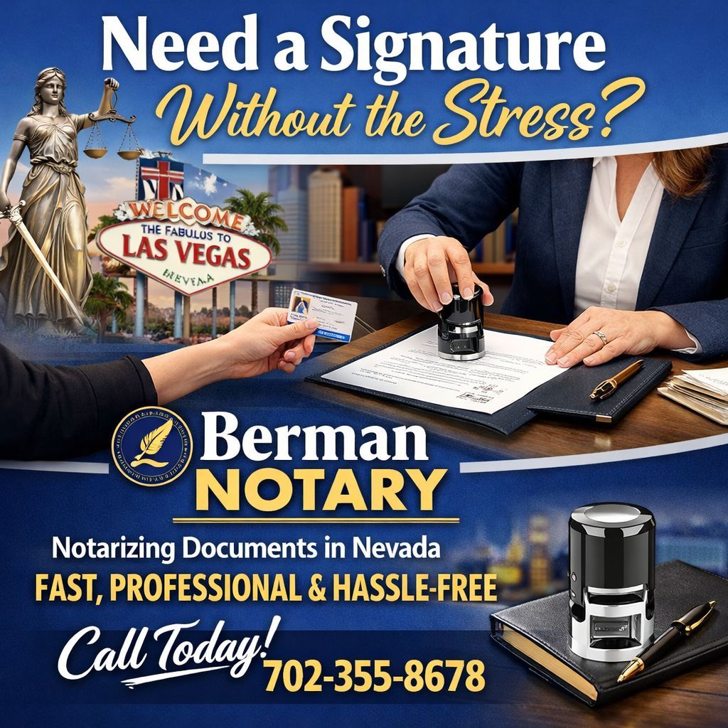 bermannotary's tweet photo. Berman Notary - Nevada's number one mobile notary service for all your notary needs. Call us today!
#NevadaNotary #BermanNotary #LasVegasBusiness #MobileNotary #NevadaServices
#ProfessionalService #LegalDocuments #NotaryPublic https://t.co/2bgbJO4A4g