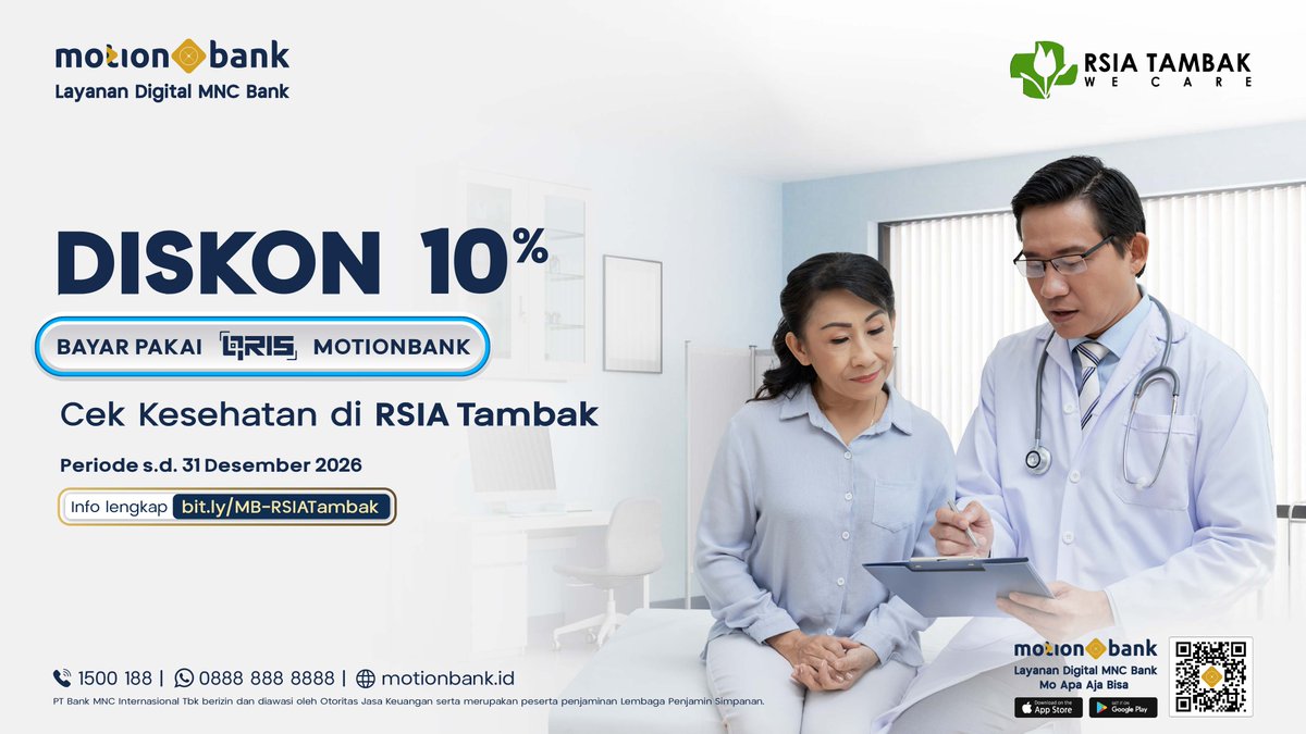 MotionBankID's tweet photo. Cek kesehatan jadi lebih praktis 🩺

Nikmati DISKON 10% di RSIA Tambak dengan pembayaran QRIS MotionBank

Info: https://t.co/UQrTLqhkCH
Berlaku s.d. 31 Desember 2026

⬇️ https://t.co/hsr7RodVFa

☎️1500188 | https://t.co/cZDCrvI1pv | https://t.co/BzhK0K669n

#MNCBank #MotionBank https://t.co/AZaj6eQDni