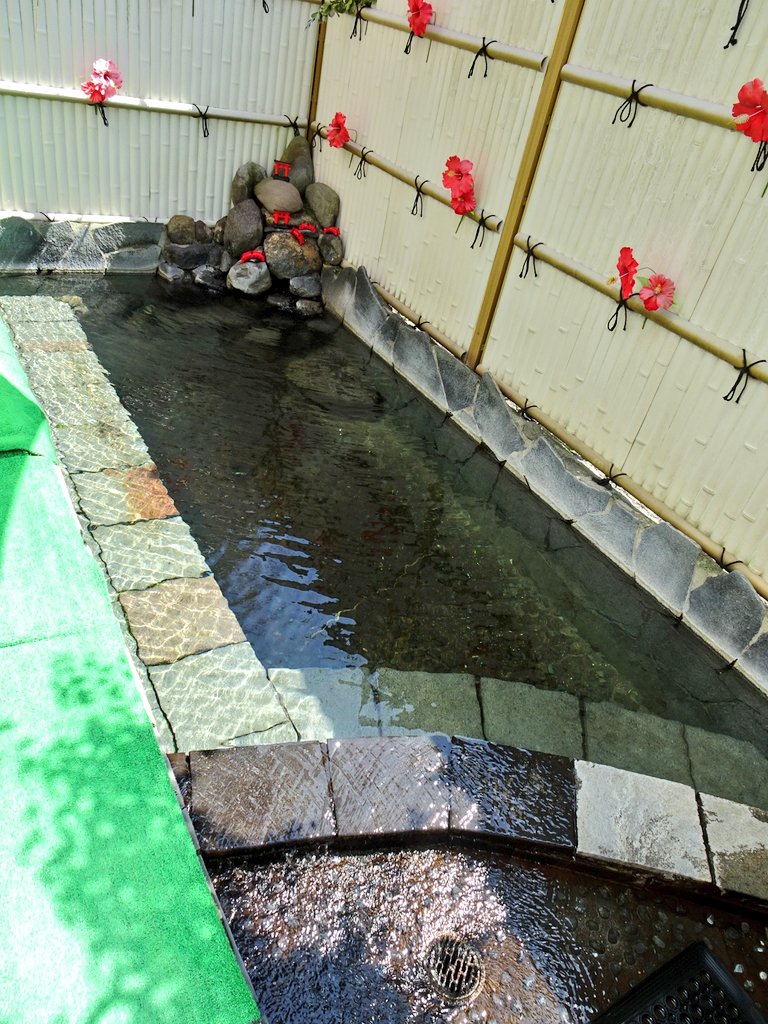 ELEFAN06's tweet photo. 薩摩の名湯「轟温泉 」。窓が大きく､南国風な雰囲気の浴室。電気風呂やジャグジー等が同居する42℃の主浴槽と､24℃の水風呂の交互浴が気持ち良い。水風呂は微かに褐色を帯びており､鉱泉かも。かけ湯槽の他に かけ水槽があるのも嬉しい。露天風呂は小ぢんまりとしているがドボドボのかけ流し😊。 https://t.co/PLqBjBY7oT