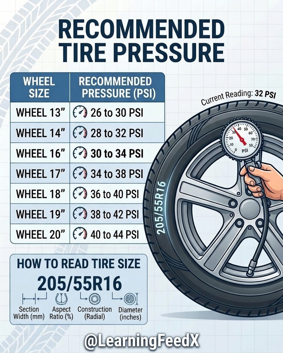 LearningFeedX's tweet photo. Recommended Tire Pressure Guide https://t.co/Yw39T3LGav