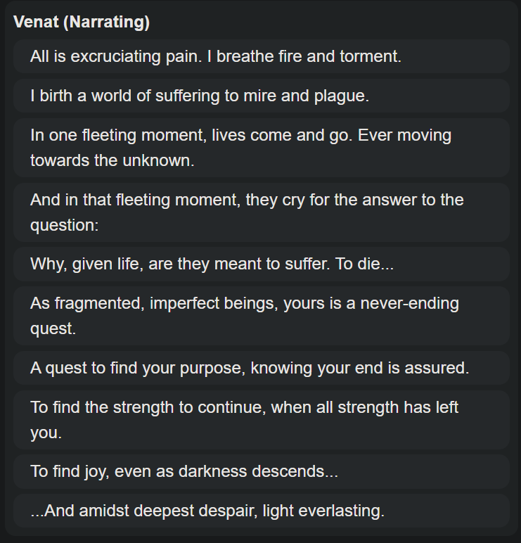 Atrius97's tweet photo. @Blazerage32 Looking back, Zenos's speech is a pessimistic mirror of Venat's during "Thou Must Live, Die, and Know".

They both argue the same point: Any meaning in our lives is something we have to seek for ourselves.

Zenos just adds that we aren't obligated to justify it to anyone else. https://t.co/bPpQO1D4br
