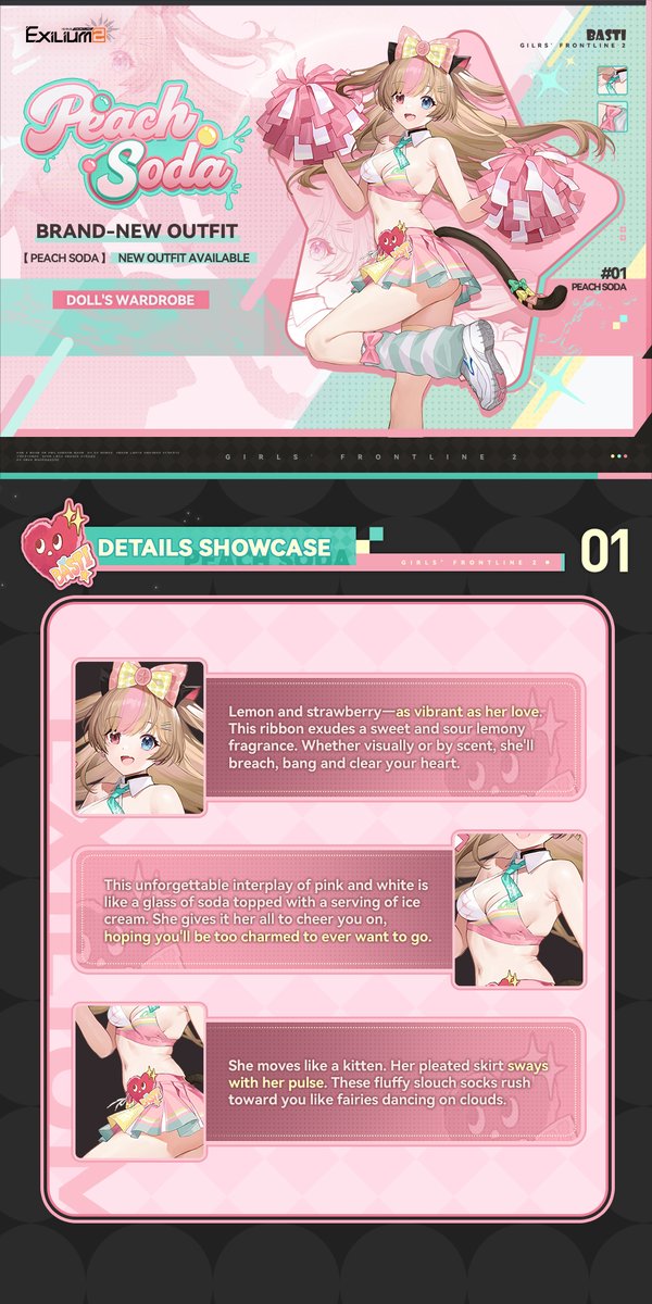 GFL2EXILIUM_EN's tweet photo. Basti's Outfit | Peach Soda

The brand-new outfit [Peach Soda] is now available!
Commanders, let's check out the details!

>> Download on mobile and PC: https://t.co/SiNltiPX6t
#GirlsFrontline2Exilium #gfl2exilium https://t.co/kIKyTeU8w1