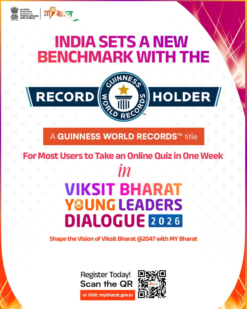 MYBharatHQ's tweet photo. MY Bharat sets a new benchmark! 

Proud to achieve a Guinness World Records title for the most users to take an online quiz in one week through the Viksit Bharat Young Leaders Dialogue 2026 quiz. 

Together, we're shaping Viksit Bharat 2047. 

#MYBharat #GuinnessWorldRecords https://t.co/cqFndaSAxX