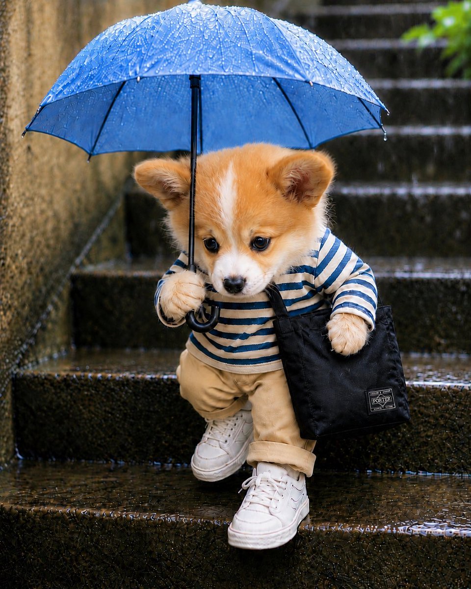 aume72's tweet photo. 雨��滑って転ばないように、そーっと降りないと #もちお #corgilife #stillwinning https://t.co/XlPZ3NY63p