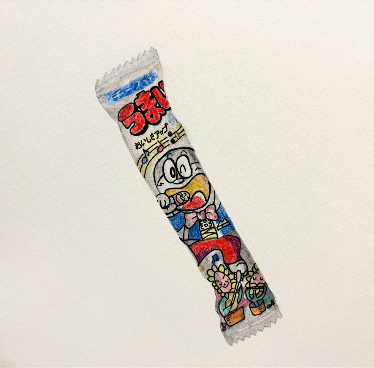 hisamarisan's tweet photo. 色鉛筆とペンを駆使して描いてみた。
（画用紙なので、絵全体を少し明るくしました。）
#うまい棒 
#イラスト
#イラスト好きな人と繋がりたい https://t.co/xwDf1V8Wpm