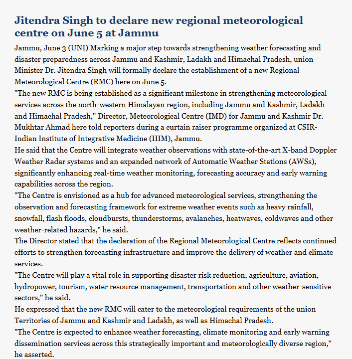DrJitendraSingh's tweet photo. United News of India: Jitendra Singh to declare new regional meteorological centre on June 5 at #Jammu
#IMD #MoES 

Read:
https://t.co/4dUkTvtmIQ https://t.co/PTx2QIJgwD