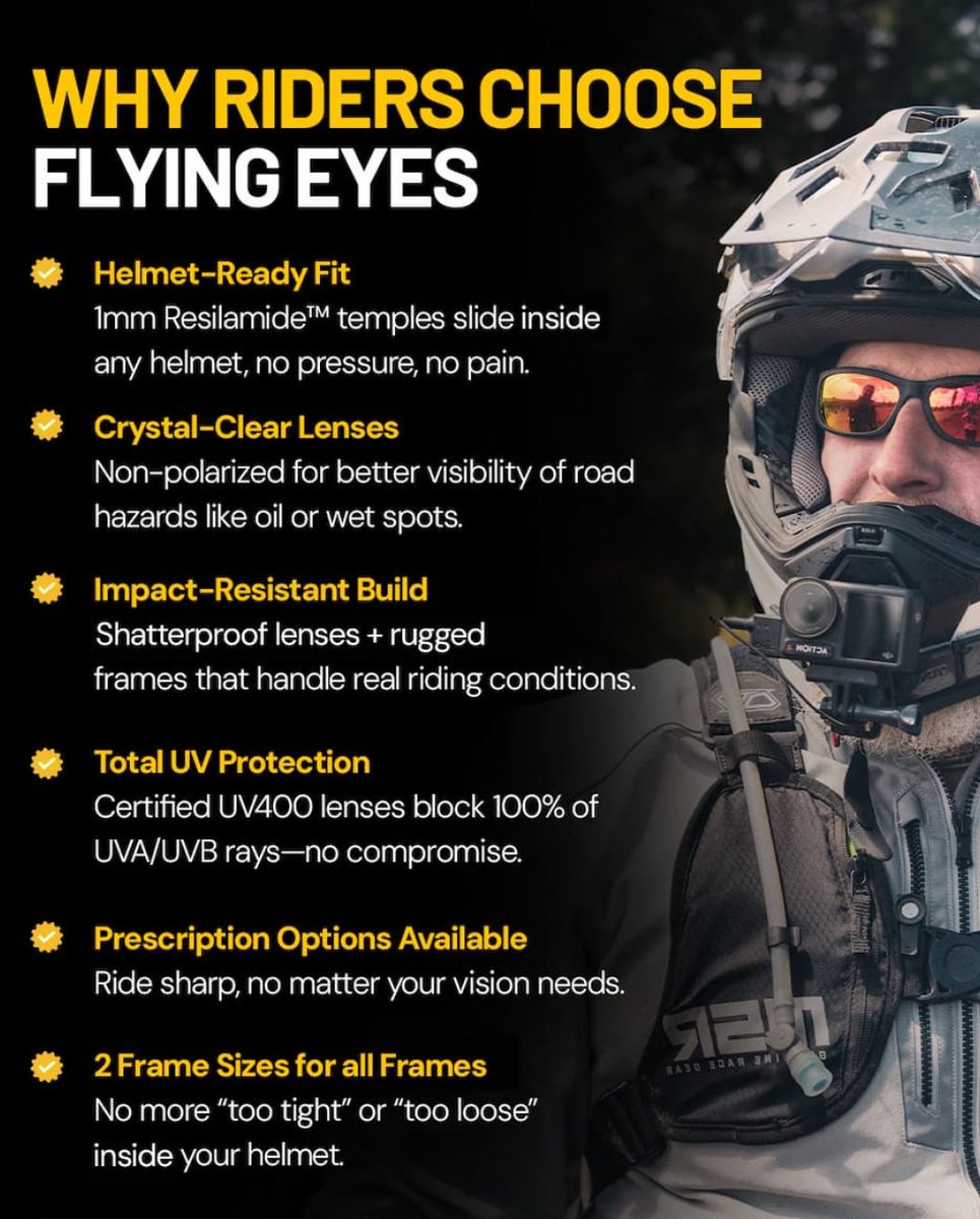 FlyingEyesWorld's tweet photo. Sunglasses for helmets 🕶️
Our patented frames are purpose-built with ultra-thin temples and a low-profile design that eliminates the pain and bulk. They slide in smoothly, stay put, and deliver flawless optics, ensuring your gauges, maps, and the road ahead are perfectly clear, cutting glare mile after mile and hour after hour.

Here’s why riders who wear helmets love Flying Eyes :
• Ultra-thin, flexible temples that disappear under helmets
• No pressure points, no headaches even on long rides
• Shatterproof lenses for added safety
• Non-polarized lens for reading instruments

Focus on What Matters.
Flying Eyes.

#FlyingEyesWorld
1w