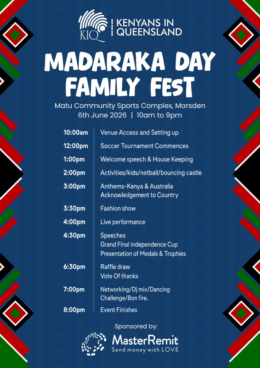 MasterRemit's tweet photo. 🇰🇪 Madaraka Day Family Fest 2026 🎉

Join us as we celebrate Kenya’s journey to self-governance with a day filled with culture, community, sports, entertainment, and family fun.

📍 Matu Community Sports Complex, Marsden
📅 6 June 2026
⏰ 10:00 AM – 9:00 PM

Bring your family, invite your friends, and celebrate the spirit of freedom, unity, and culture together.

This event is proudly sponsored by MasterRemit, helping communities stay connected across borders. 🩵

#MasterRemit #Remittance #MoneyTransferKenya #OnlineMoneyTransfer #RemitToKenya #SendMoneyNow #SendMoneyToKenya #MadarakaDay