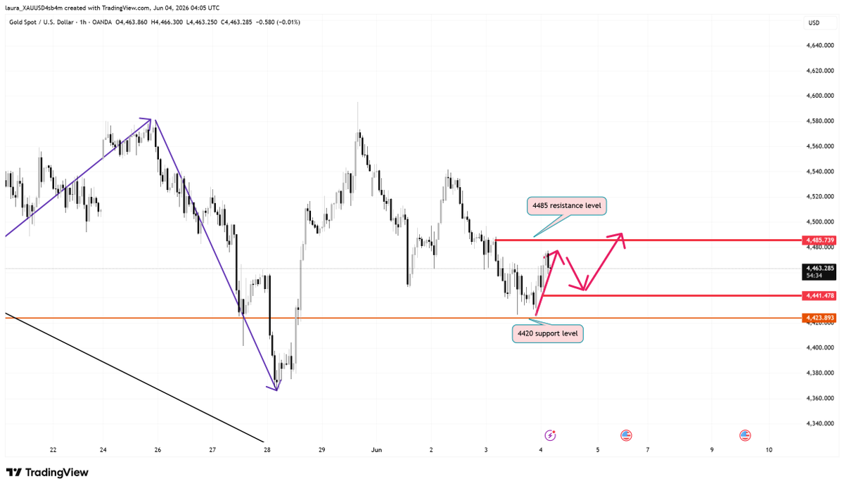 laura_XAUUSD's tweet photo. #XAUUSD

Currently, the key short-term focus is on the support level around 4440.

If the price finds support in this area, a long position can be initiated, targeting 4480-4490.

Pay close attention to the 4485-4495 area. If the bulls fail to break through this level today, the likelihood of further correction will increase.

4424 is a key intraday support/resistance level and a crucial defensive point for the bulls.

If the price breaks below this level again, the logic behind this rebound will be invalidated, and the market will return to a weak correction.

#GOLD