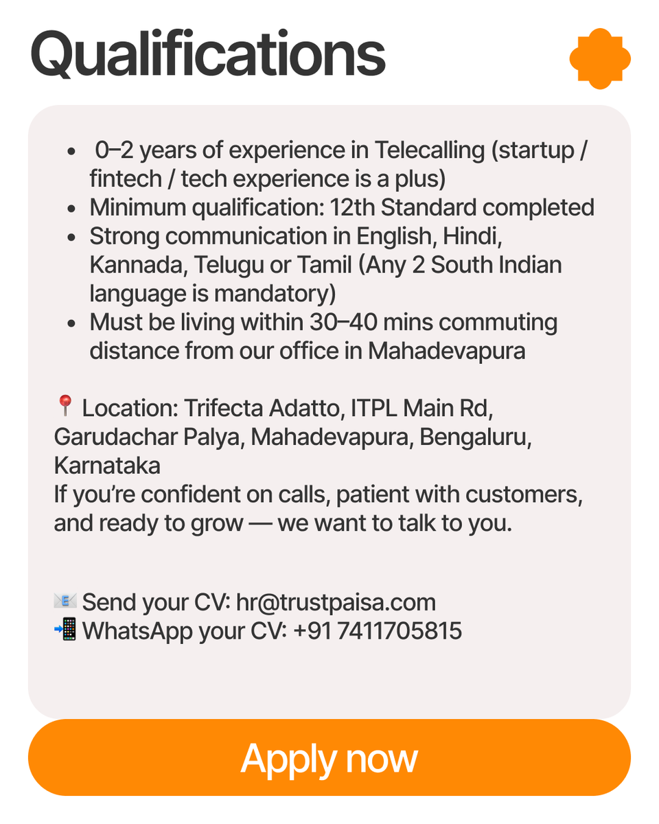 TrustPaisa's tweet photo. https://t.co/zfBy4yDfHK
We're looking for energetic and result-driven professionals to join our Digital Lending Collections Team.
Join our WhatsApp community for real-time update alerts & more:
https://t.co/VuccDegH7X
#trustpaisa #fingular #loans #telecallingexecutive #hiring https://t.co/erxtjsiLcz