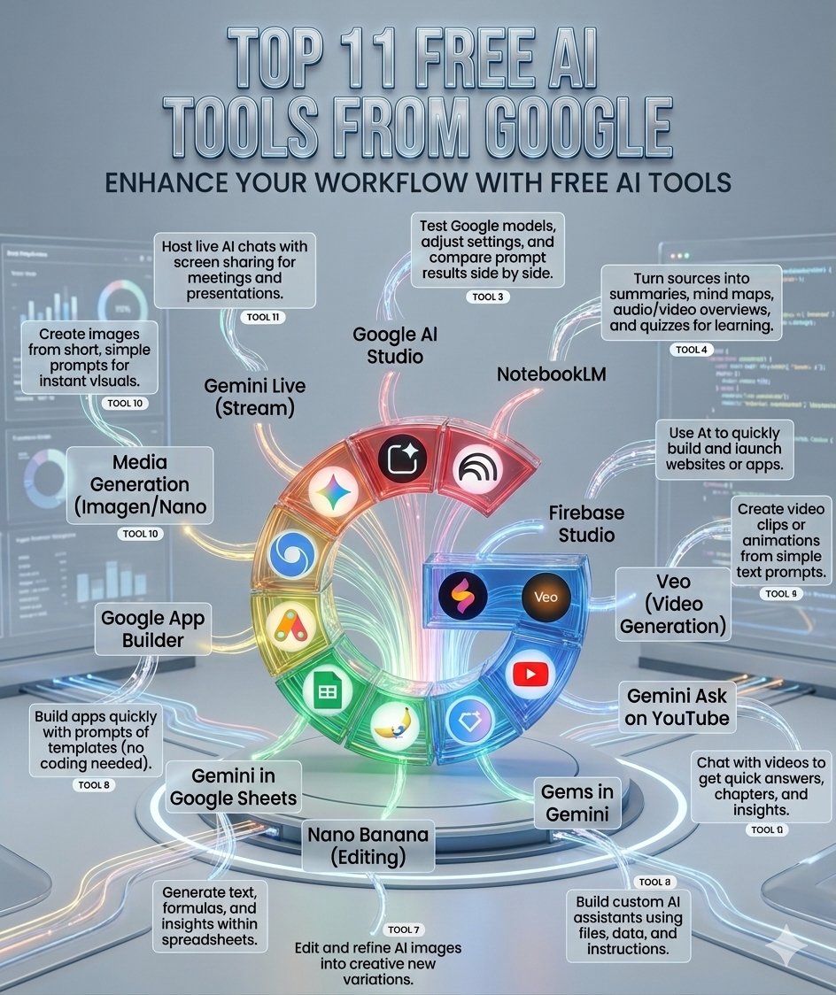 SDaily_AI's tweet photo. 🚨 Forget paying for dozens of AI subscriptions.

Google already gives you a complete AI toolkit for free.

11 powerful tools. Endless possibilities.
Here's the stack smart creators are using in 2026👇

✦ NotebookLM → Turn PDFs, notes, and websites into podcasts, summaries, and study guides.

✦ Veo → Create cinematic AI videos from simple text prompts.

✦ Gemini Live → Have real-time voice conversations with AI while sharing your screen.

✦ Google AI Studio → Experiment with Google's latest models and prompts.

✦ Firebase Studio → Build and launch apps faster with AI assistance.

✦ Gemini in Sheets → Automate spreadsheets, formulas, and data analysis.

✦ Gems → Create specialized AI assistants for any task.

✦ Gemini Ask on YouTube → Chat with videos instead of watching for hours.

✦ Imagen → Generate stunning AI images in seconds.

✦ Nano Banana → Edit, remix, and transform images effortlessly.

✦ Google App Builder → Build apps without writing code.

The biggest AI advantage in 2026 isn't knowing more tools.
It's knowing the right tools.
Google just handed you 11 of them for free.

🔖 Bookmark this for later.

Which one deserves a deeper tutorial?