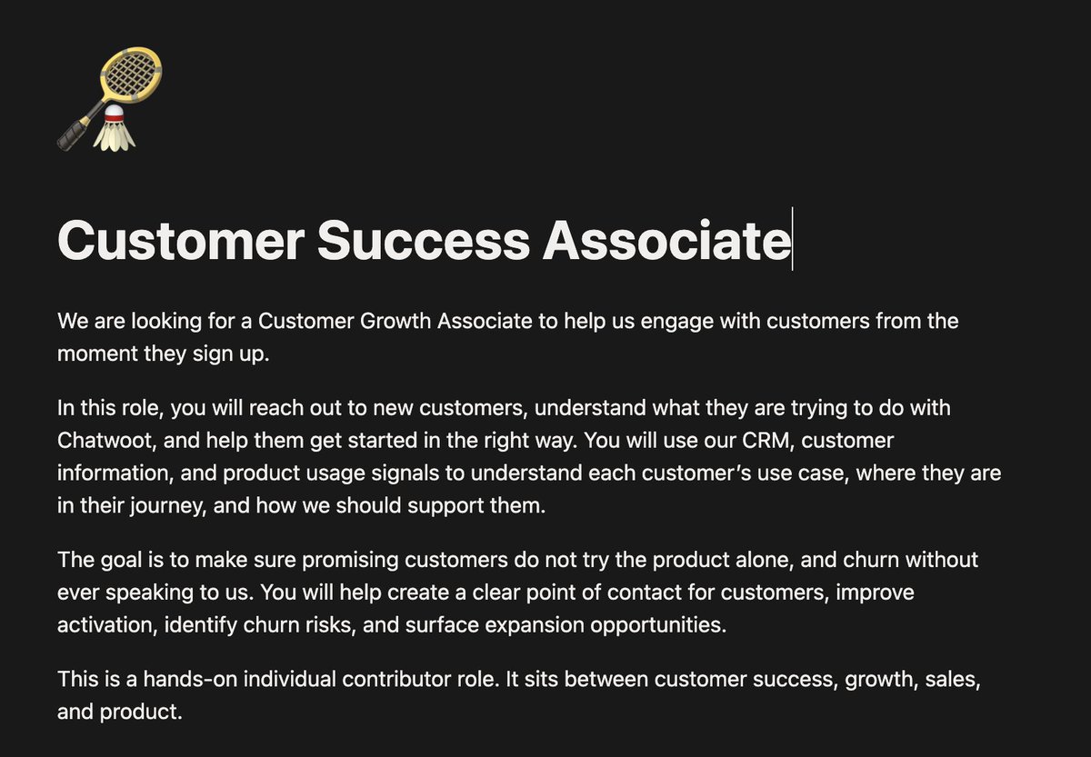 chatwootapp's tweet photo. We are hiring a Customer Success Associate at Chatwoot.

You will work with new customers from day one, help them get started, understand where they are stuck, and make sure they get the most out of Chatwoot.

If you enjoy talking to customers and working at the intersection of support, growth, and product, we’d love to hear from you.
