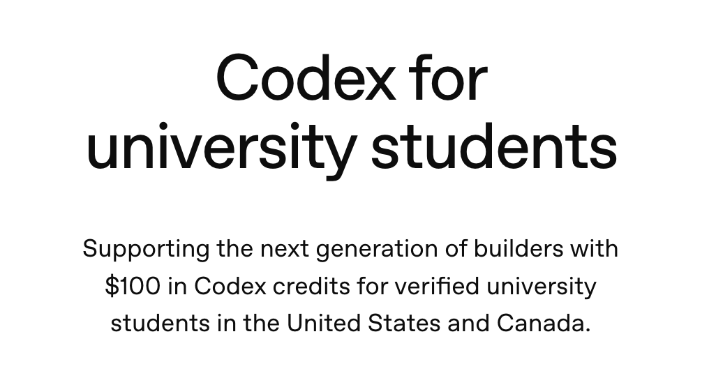 Codex for university students page showing a $100 credit offer for verified students in the United States and Canada