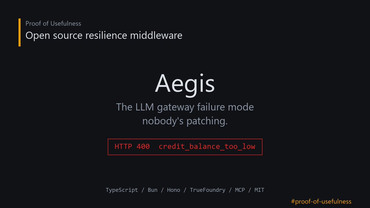 hackernoon's tweet photo. A TypeScript middleware catching the credit_balance_too_low failure mode that every LLM gateway silently passes through. DevNetwork TF Resilient winner.
#proofofusefulness #llm...Show more https://t.co/NghZGM1vTx