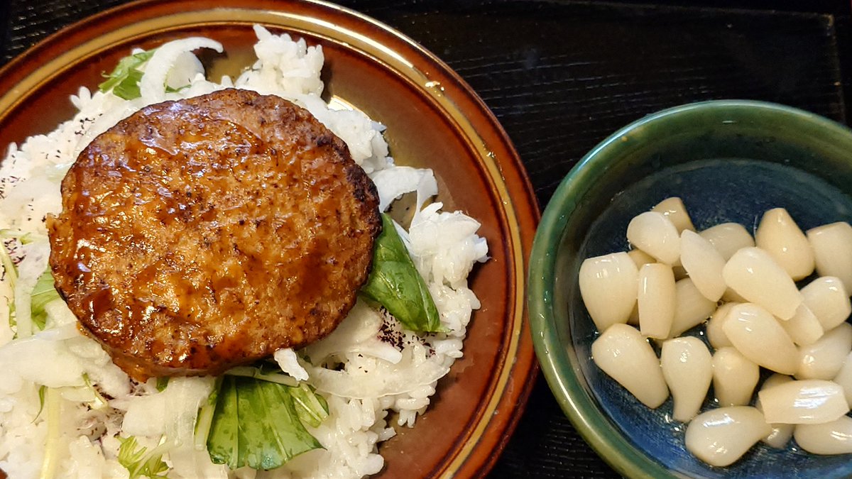 modokitheatre's tweet photo. 本日の昼食『デミグラスハンバーグライス』と『小粒らっきょう』🧆🍚🧄？🧅🥬😋 約7.5単位    #Xperia1V 標準モード クロップ2倍にて撮影 https://t.co/rc4Yz9uqwj