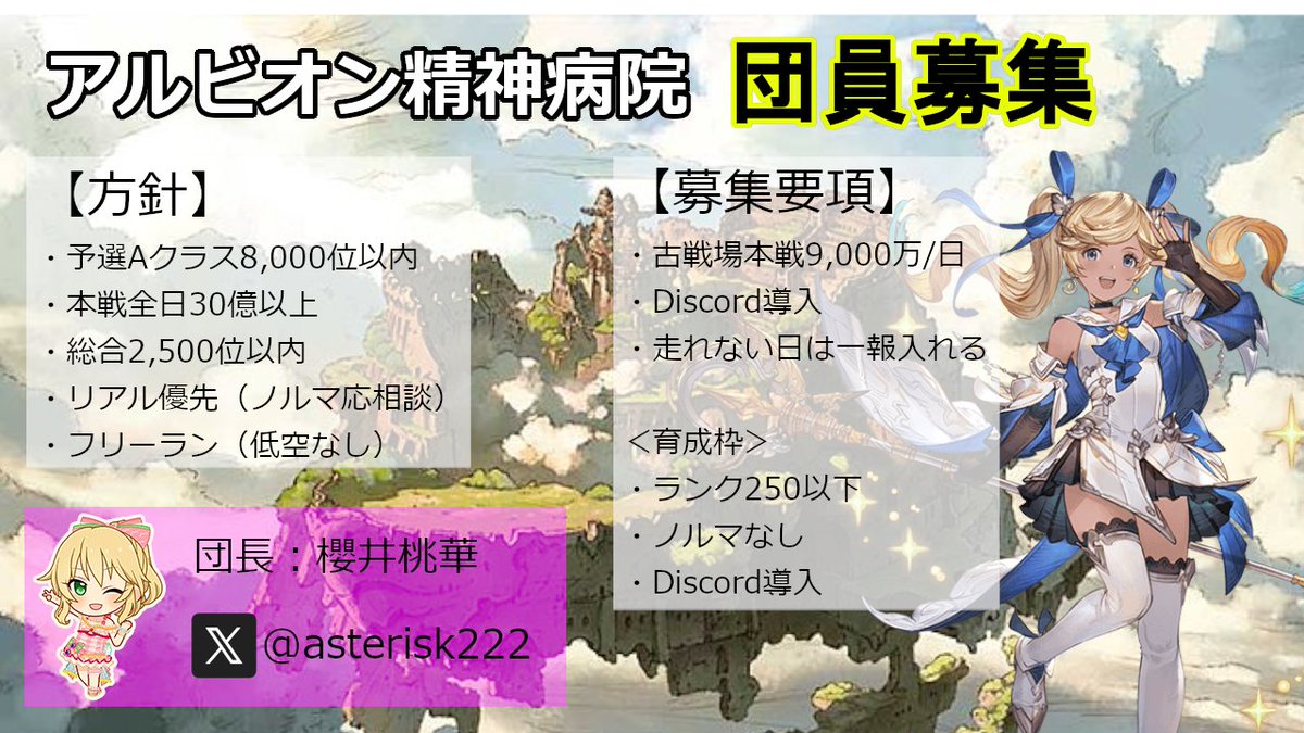 asterisk222's tweet photo. @Inori_kpym 30億団です。ランク250超えるとノルマつきますが、一報いただければ免除可です。
Discordで雑談・相談・マルチバトル等できます。
高難度も団内で攻略可能です。
よかったら！ https://t.co/LuzozFJHX7
