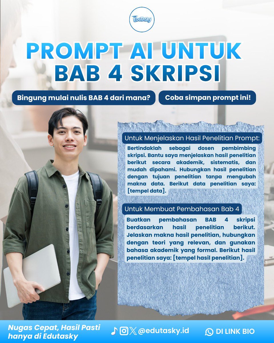 Edutaskyid's tweet photo. ⚠️ Ingat Teman Edu

AI membantu menyusun dan menjelaskan,
tetapi data, analisis, dan isi penelitian tetap perlu dicek kembali agar sesuai dengan penelitianmu.

Simpan postingan ini biar nggak hilang.
Prompt mana yang paling kamu butuhkan untuk skripsimu? https://t.co/thATMMWIyB