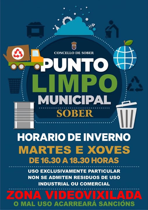 ConcellodeSober's tweet photo. 🟪 ♻️ O Punto Limpo Municipal do Concello de Sober abre esta tarde de 16:30 a 18:30 horas. https://t.co/lkQbLp2dQ0