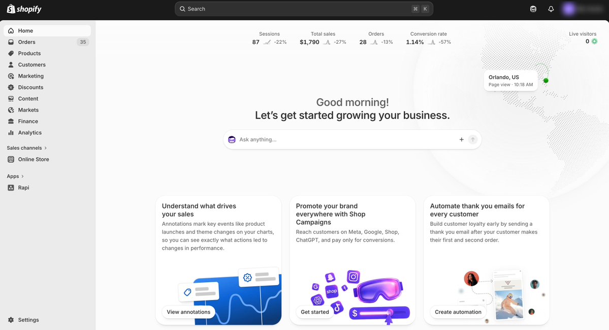 RapiHodler's tweet photo. Just got access to Shopify’s new AI powered admin dashboard.

The experience feels completely different from the current Shopify admin.

Here’s a first look 👀 https://t.co/qGriwosCzT